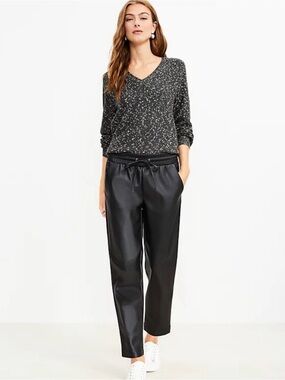 LOFT Black Faux Leather Pull-On Pants Elastic Drawstring Waist Medium